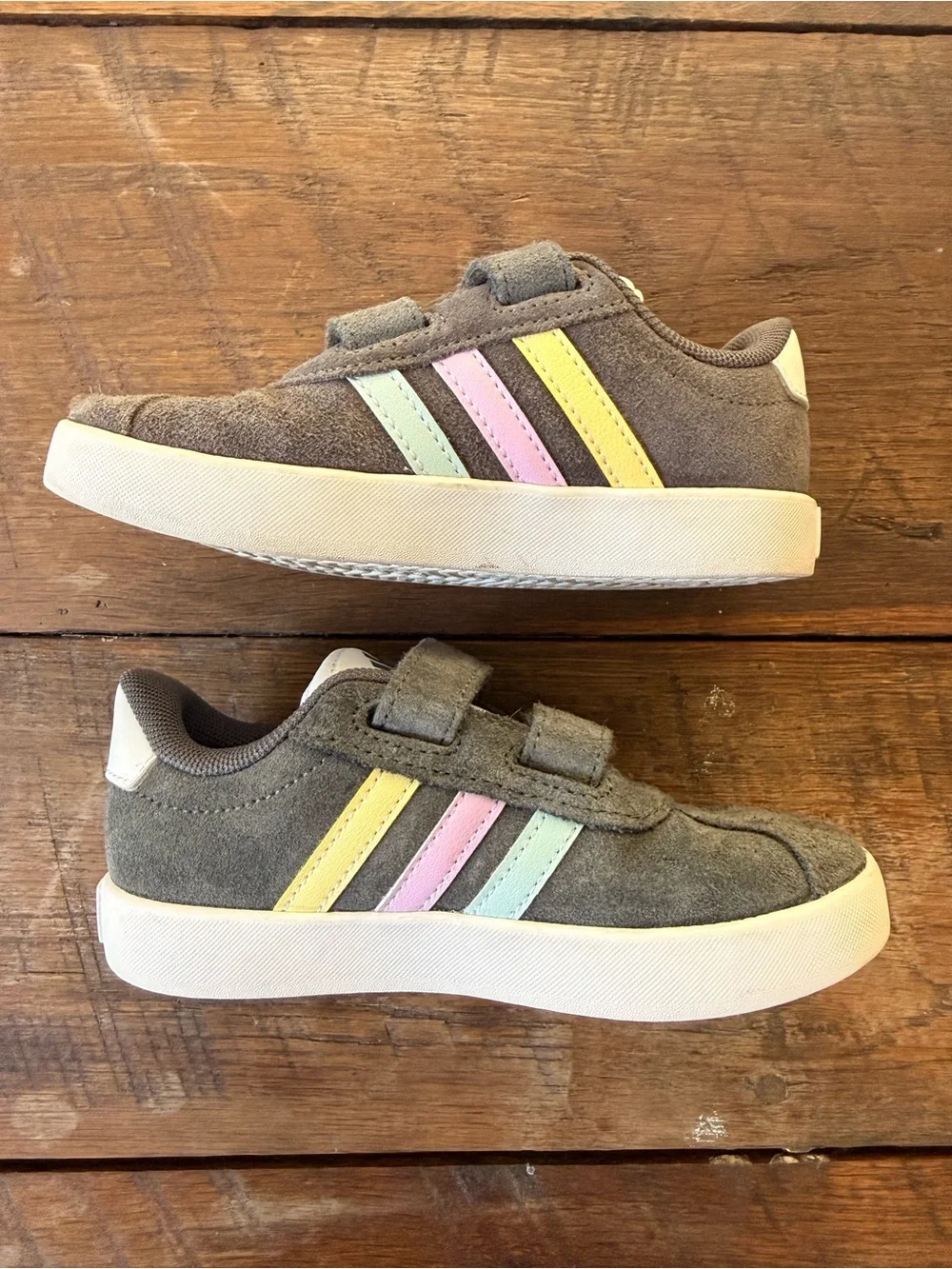 adidas Kids Gray Suede Sneakers with Pastel Stripes